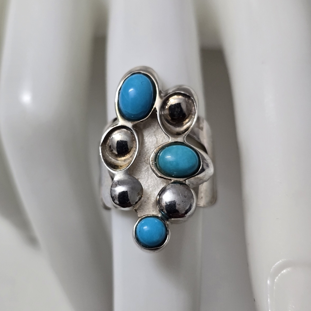 Modern Sterling Silver 925 Ring with Sleeping Beauty Turquoise Stones